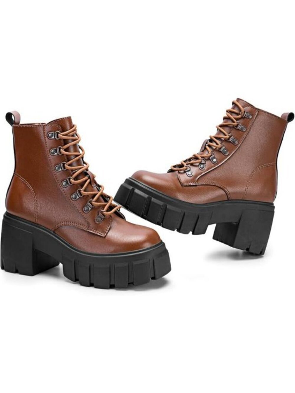 Women’s Combat Boots Lace up Side Zipper Ankle Botas Heel Chunky Platform Brown
